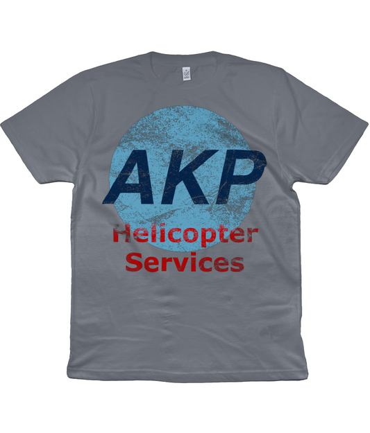 Charcoal grey retro aviation t-shirt featuring the AKP Aviation logo and Helicopter Services in distressed print.